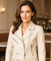 Comprar jaqueta de couro feminina off white motoqueiro premium genuíno zíperes múltiplos em promoção ZARA